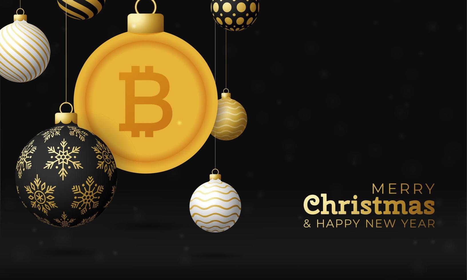 Merry Christmas gold bitcoin symbol banner. bitcoin sign as christmas bauble ball hanging greeting card. Vector image for xmas, finance, new years day, banking, money