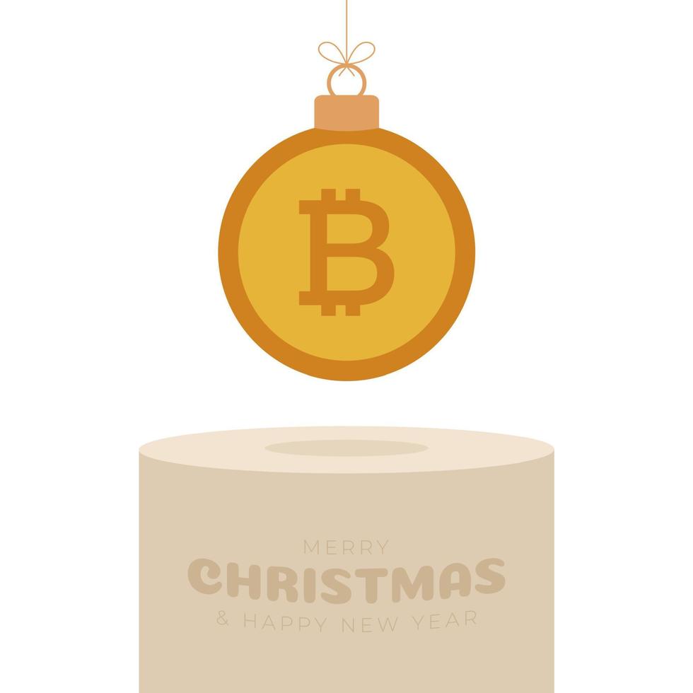 pedestal de adorno navideño de bitcoin. Feliz Navidad tarjeta de felicitación de dinero. colgar de una bola de bitcoin de moneda de hilo como una bola de Navidad en el podio de oro sobre fondo blanco. Ilustración de vector de economía.