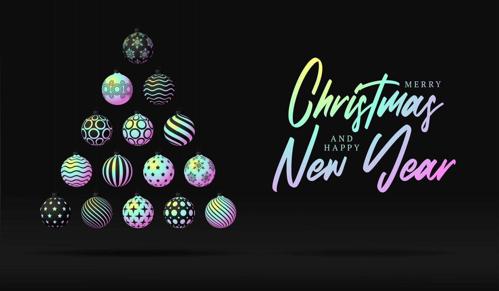 árbol de navidad creativo hecho por brillantes bolas de degradado holográfico sobre fondo negro para la celebración de navidad y año nuevo. banner de ilustración vectorial de navidad vector