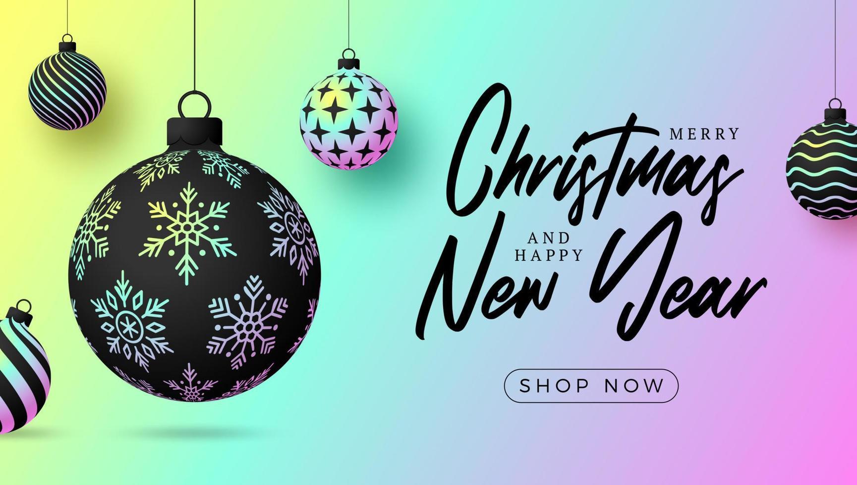 Christmas greeting card Holographic foil bauble ball. Merry Christmas and Happy New Year banner with iridescent realistic festive ball gradient holographic neon shade color. Vector illustration