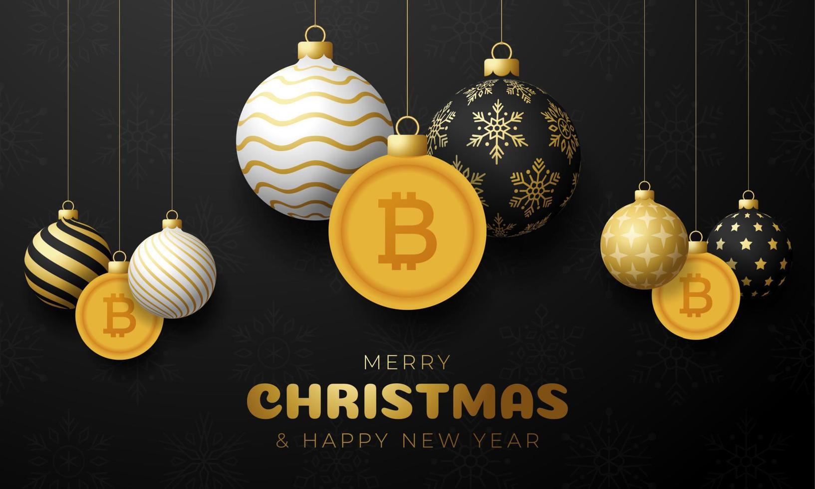 Feliz Navidad banner de símbolo de bitcoin de oro. Signo de bitcoin como tarjeta de felicitación colgante de bola de adorno navideño. imagen vectorial para navidad, finanzas, día de año nuevo, banca, dinero vector