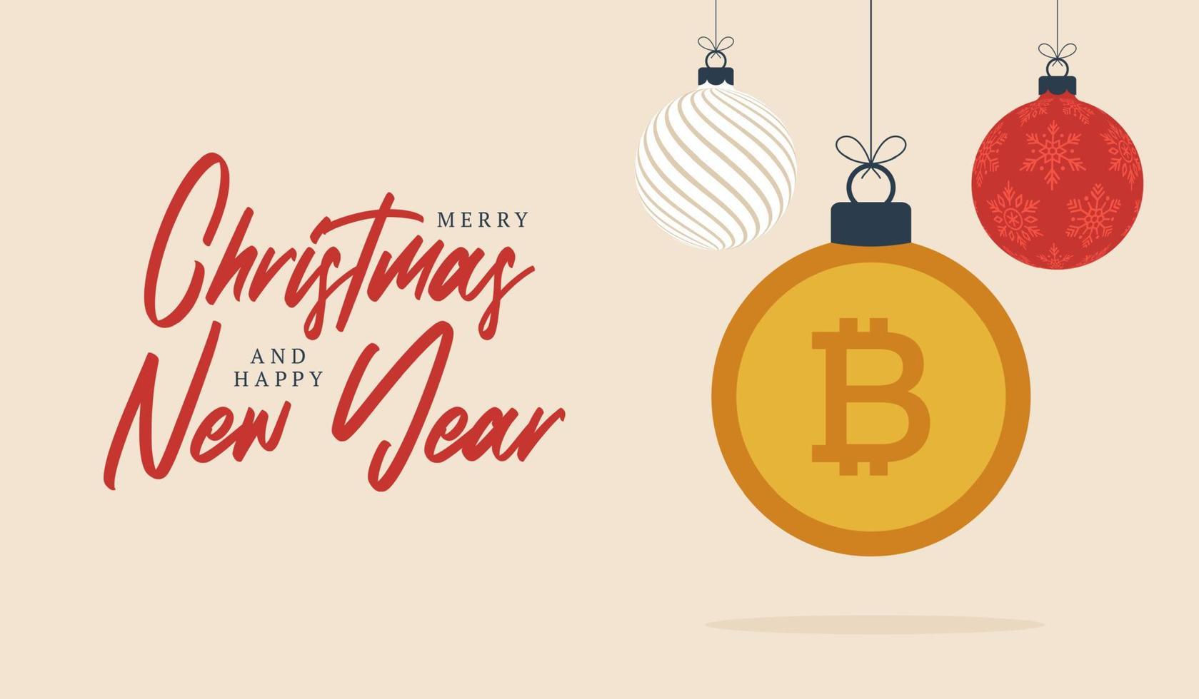 Feliz Navidad banner de símbolo de bitcoin. Signo de bitcoin como tarjeta de felicitación colgante de bola de adorno navideño. imagen vectorial para navidad, finanzas, día de año nuevo, banca, dinero vector