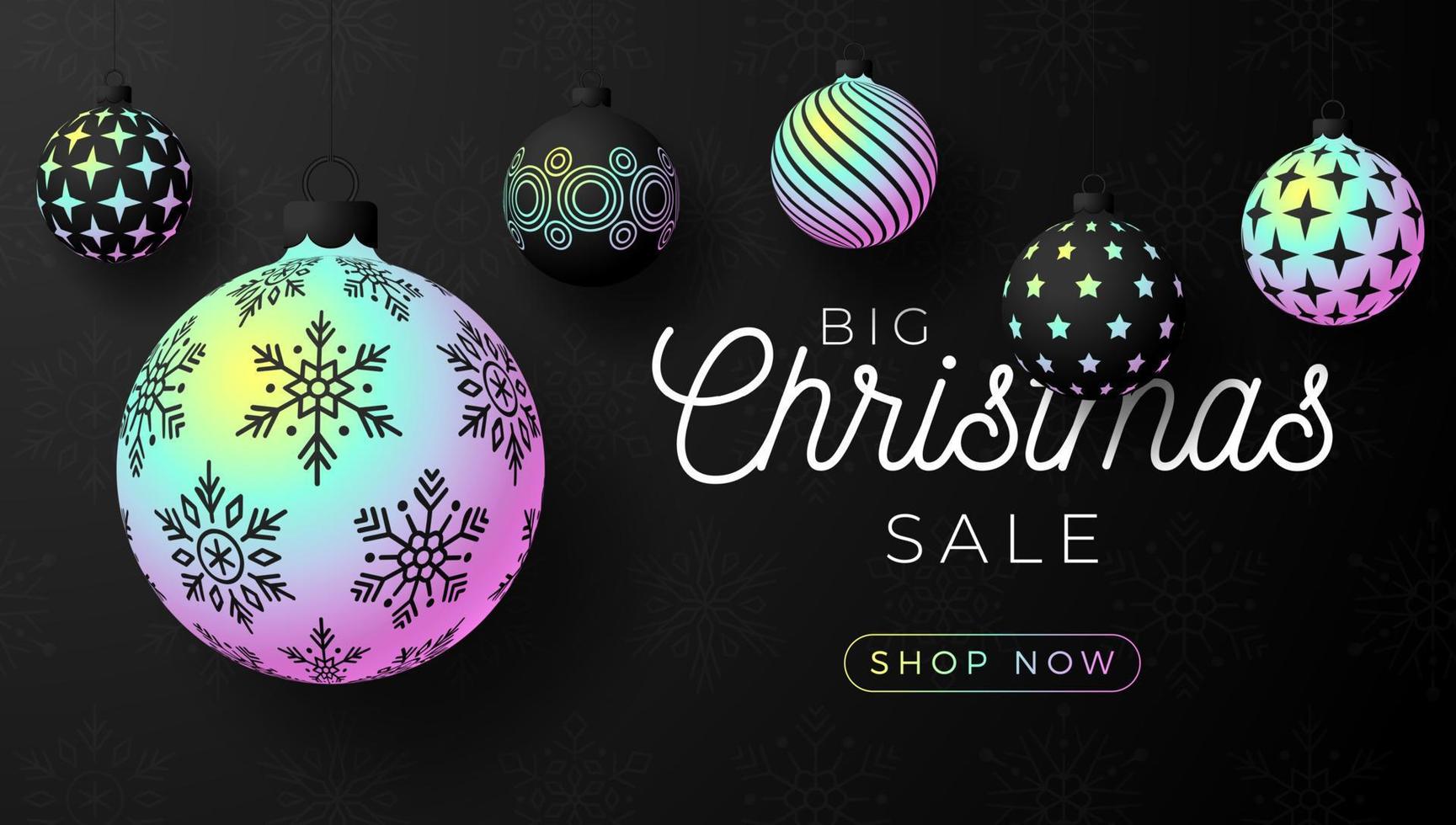 Luxury Christmas sale horizontal banner. Christmas card with ornate holographic realistic balls hang on a thread on black modern background. Vector illustration. Place for your text