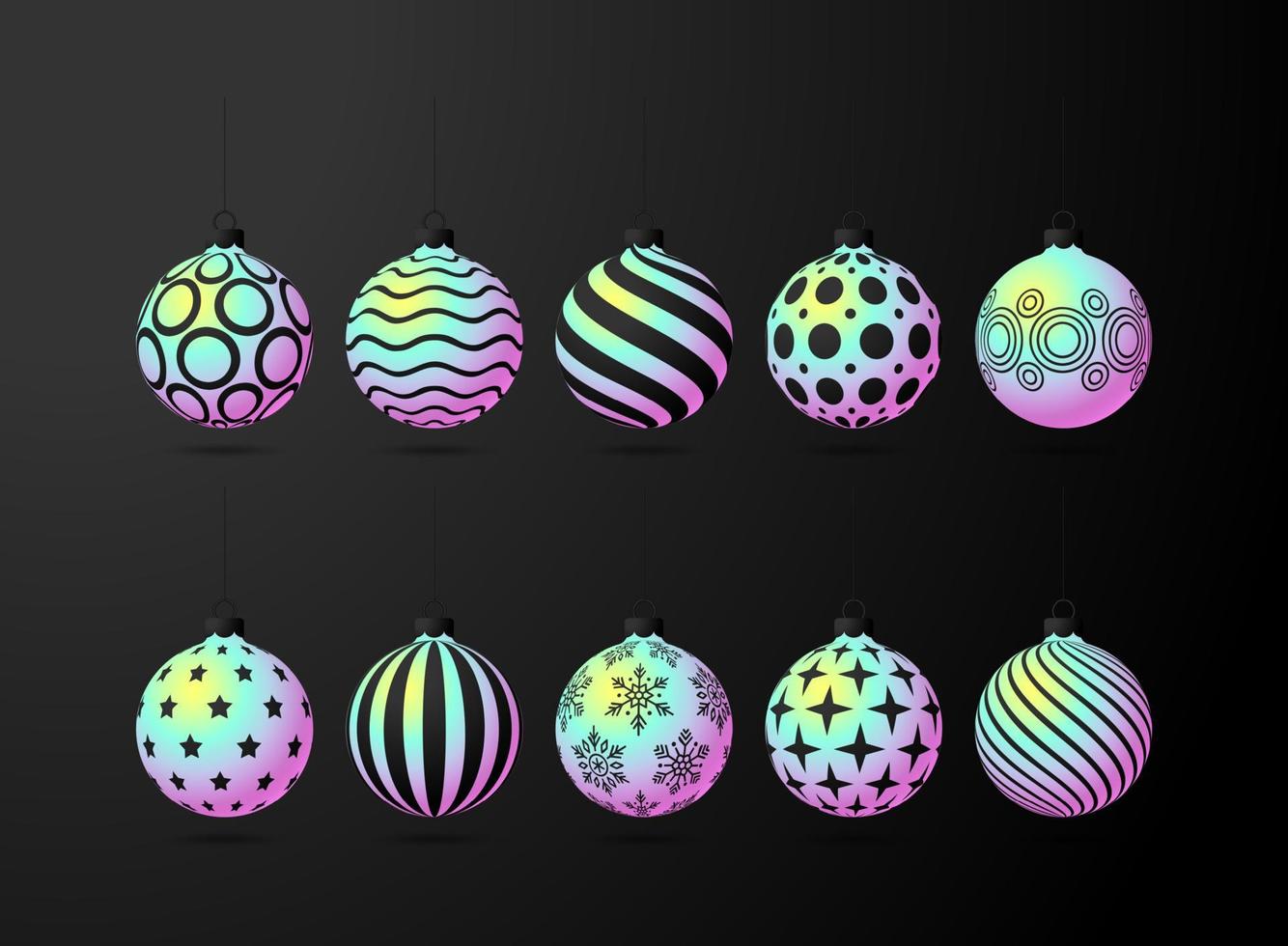 conjunto de bolas de navidad. colección de bolas navideñas holográficas realistas con diferentes patrones de lentejuelas. ilustración vectorial vector