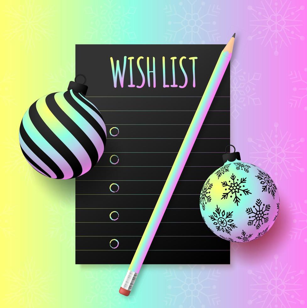 New year holographic wish plan list. New year goals list. 2022 resolutions text on notepad. Action plan. Pencils and realistic tree ball bauble hologram color. vector