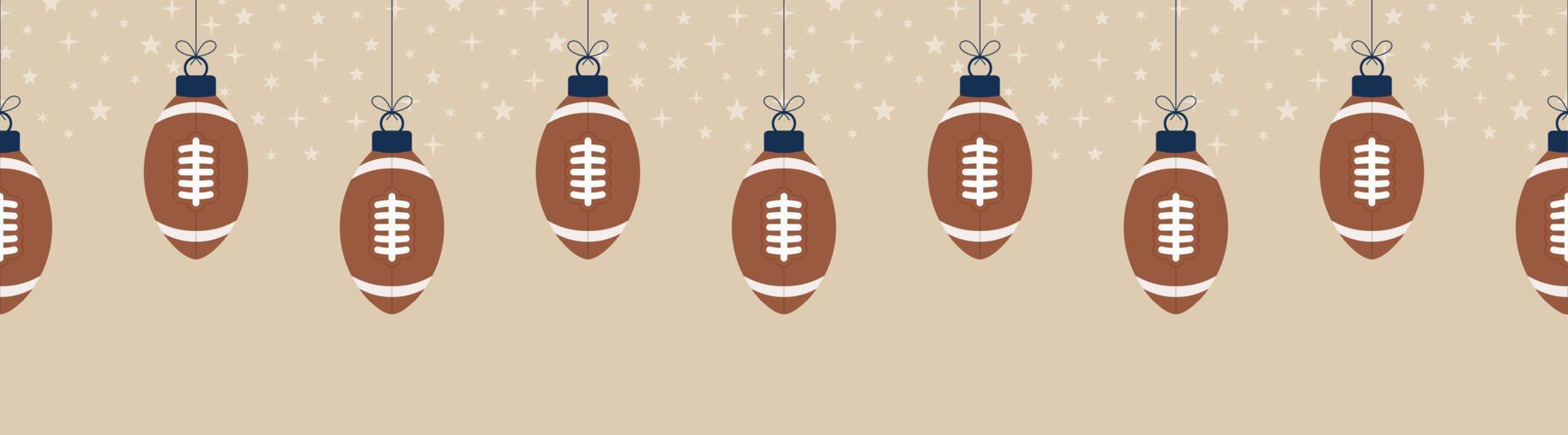 Christmas football seamless horizontal pattern. Hang on a thread flat cartoon as a Christmas rugby ball on horizontal background. Sport Vector illustration.
