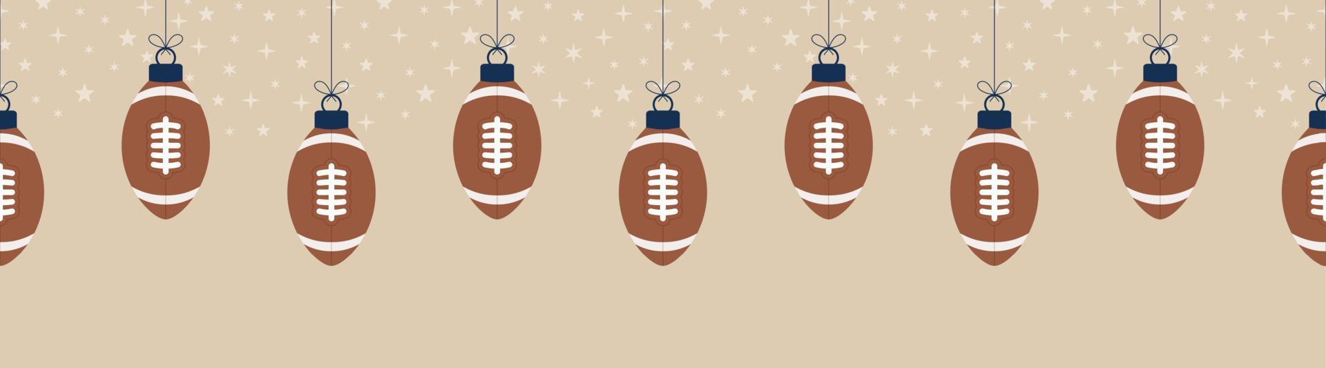 Christmas football seamless horizontal pattern. Hang on a thread flat cartoon as a Christmas rugby ball on horizontal background. Sport Vector illustration.