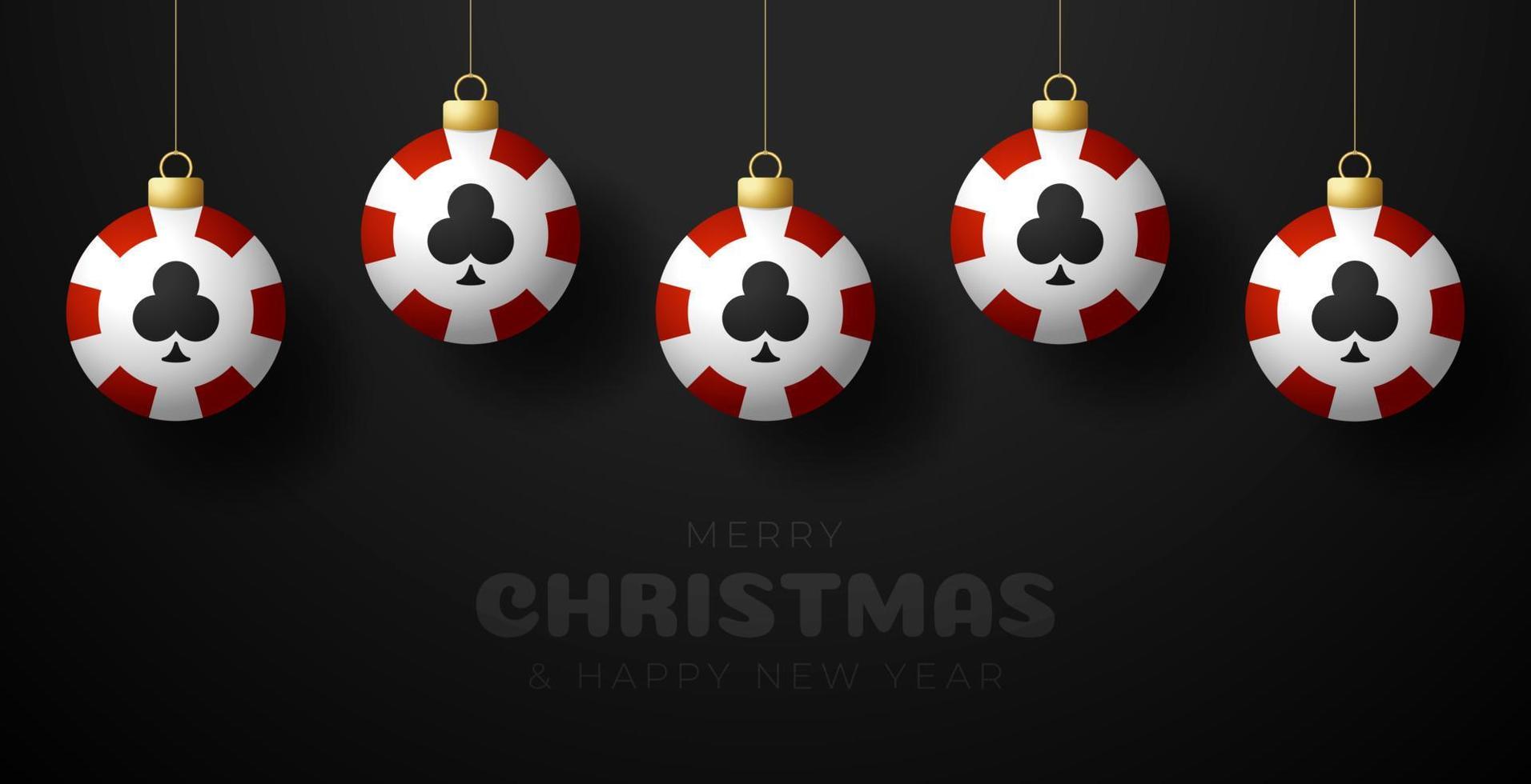 tarjeta de felicitación de navidad del casino. feliz navidad y próspero año nuevo colgar de un hilo de fichas de casino como una bola de navidad. Ilustración de vector de deporte.
