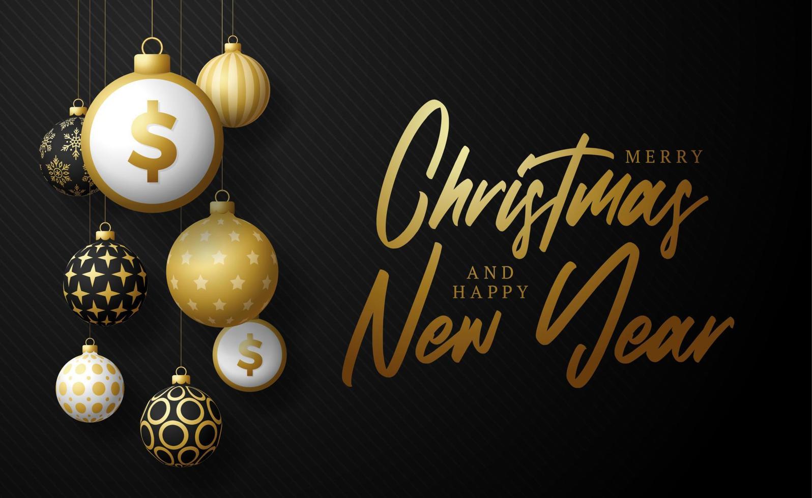 Merry Christmas gold dollar symbol banner. Dollar sign as christmas bauble ball hanging greeting card. Vector image for xmas, finance, new years day, banking, money