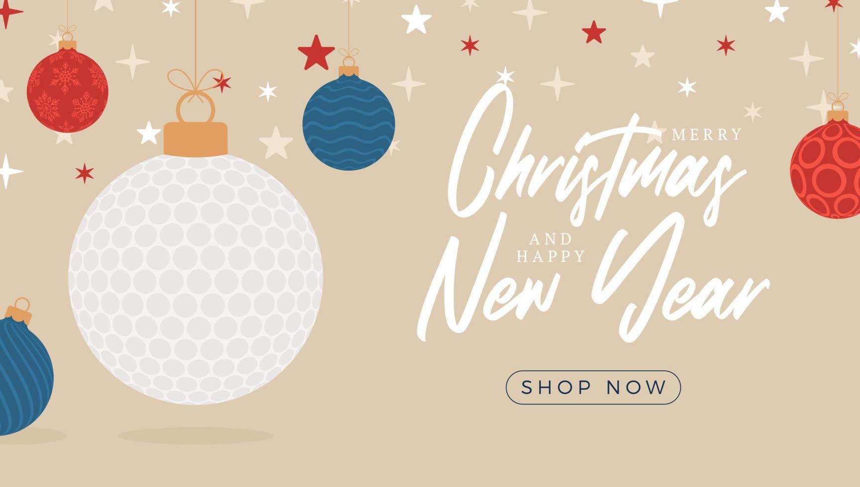 Golf christmas sale banner. Merry Christmas and Happy New Year flat cartoon Sports banner. golf ball as a xmas ball on background. Vector illustration.