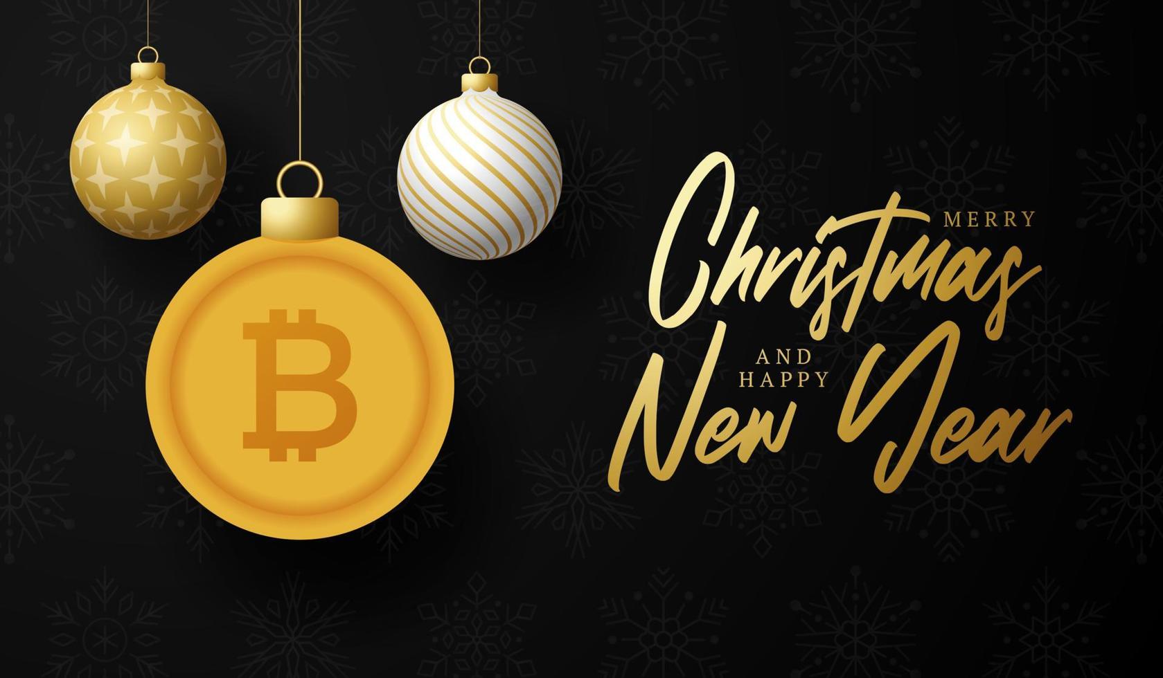 Feliz Navidad banner de símbolo de bitcoin de oro. Signo de bitcoin como tarjeta de felicitación colgante de bola de adorno navideño. imagen vectorial para navidad, finanzas, día de año nuevo, banca, dinero vector