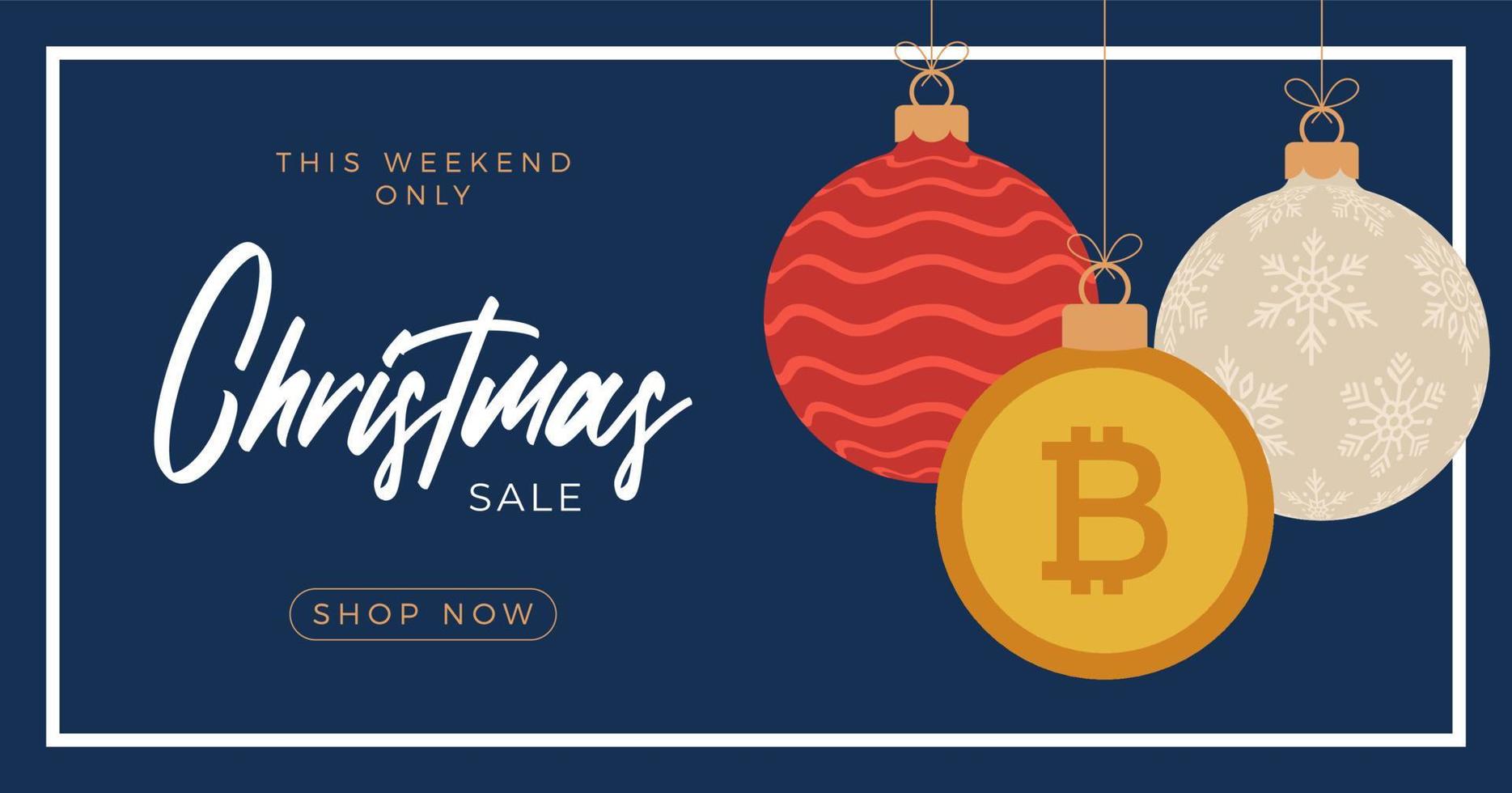 Feliz Navidad banner de símbolo de bitcoin. Signo de bitcoin como tarjeta de felicitación colgante de bola de adorno navideño. imagen vectorial para navidad, finanzas, día de año nuevo, banca, dinero vector