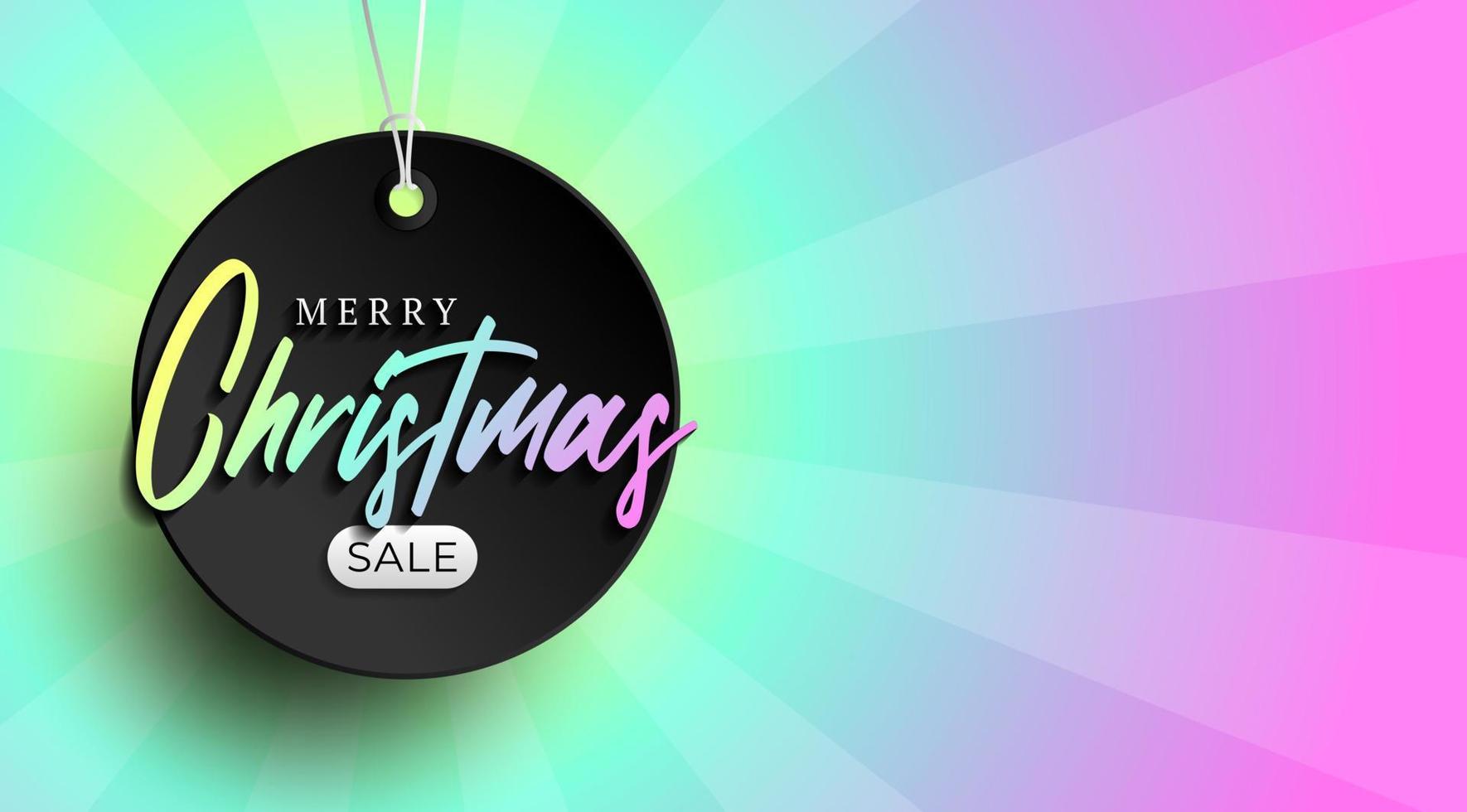 Christmas sale tag banner. Holographic Glossy iridescent color merry christmas sale tag vector illustration.