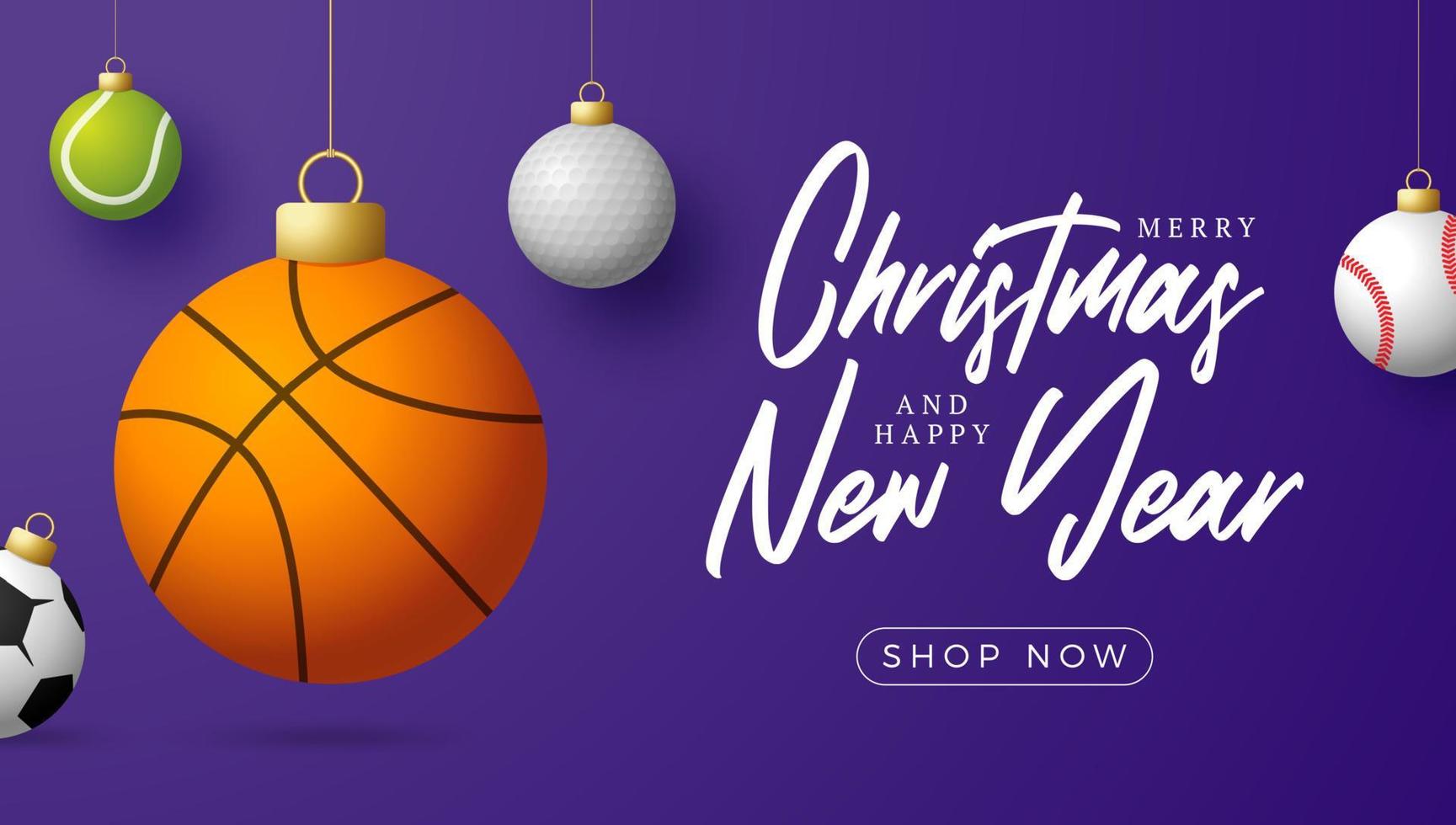 Sport christmas sale banner. Christmas card with sport baseball, basketball, football, tennis balls hang on a thread on purple modern background. Vector illustration. Place for your text