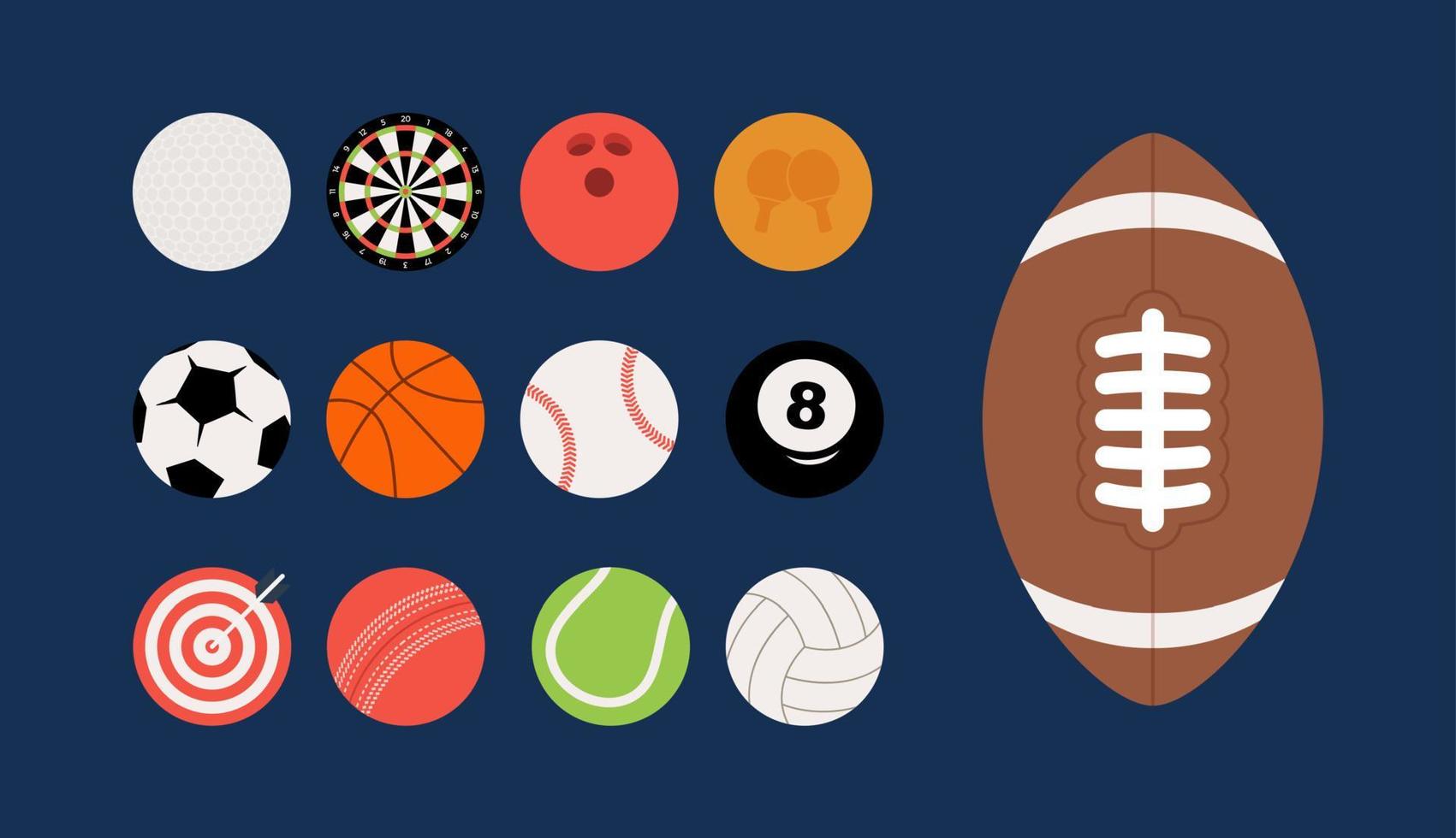 Sports equipment set. Flat cartoon sports balls vector big set isolated on blue background