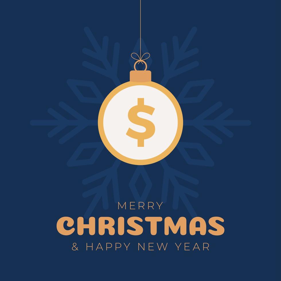 Bandera de símbolo de dólar de feliz Navidad. signo de dólar como bola de adorno navideño que cuelga la tarjeta de felicitación. imagen vectorial para navidad, finanzas, día de año nuevo, banca, dinero vector