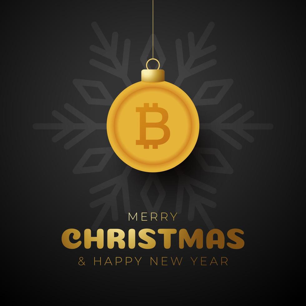 Merry Christmas gold bitcoin symbol banner. bitcoin sign as christmas bauble ball hanging greeting card. Vector image for xmas, finance, new years day, banking, money