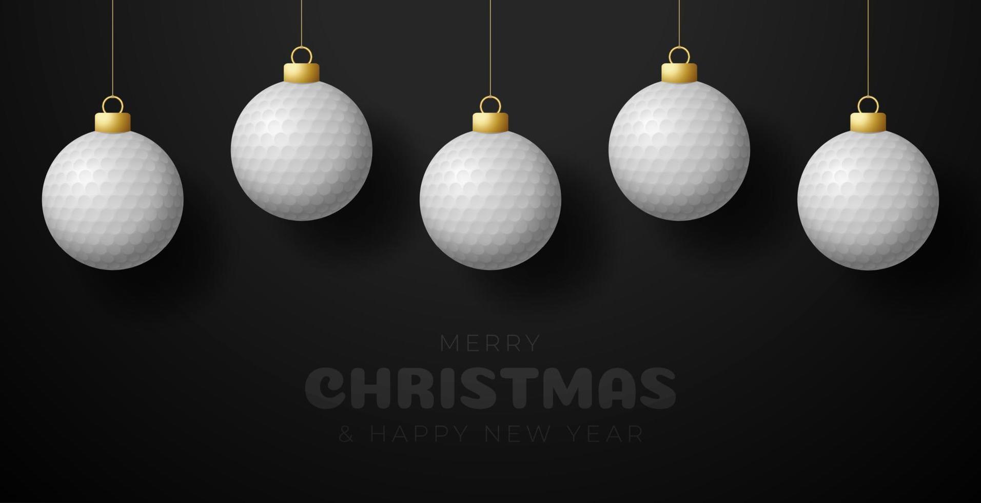 Golf christmas greeting card. Merry Christmas and Happy New Year Hang on a thread golf ball as a xmas ball. sport Vector illustration.