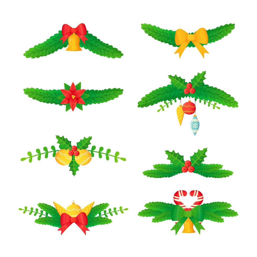 Set of Christmas headers or dividers Pine branch holly fir bell flower balls in cartoon style vector