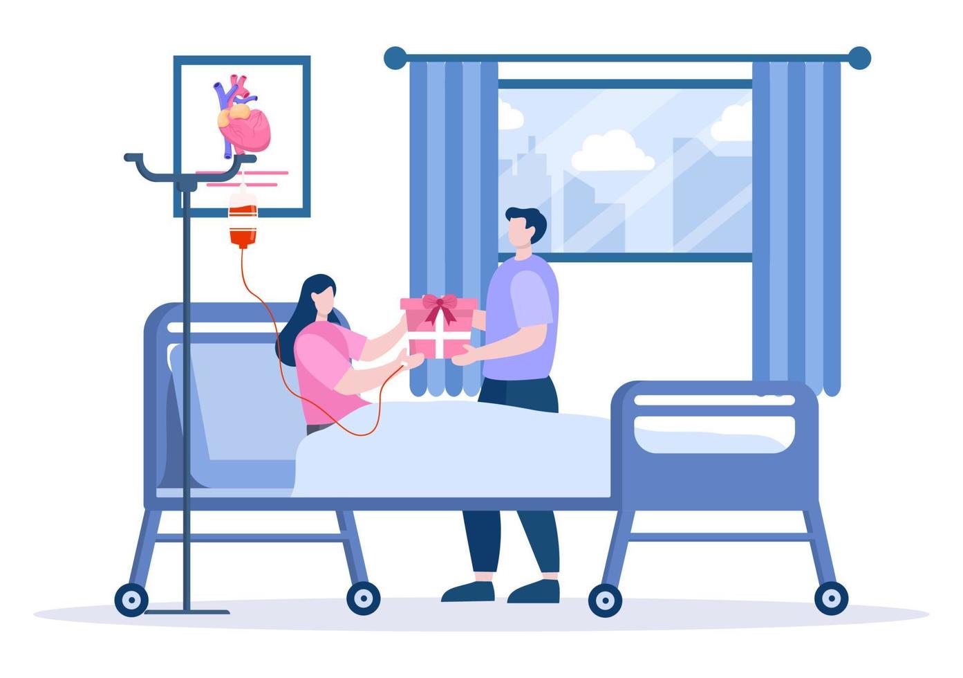 Donación de caja de regalo a la ilustración de vector de fondo de habitación de hospital. hombre dando regalo para paciente femenina