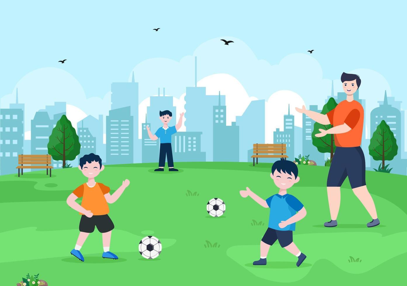 jugar al fútbol con los niños jugar al fútbol usar uniforme deportivo varios movimientos como patear, sostener, defender, parar y atacar en el campo. ilustración vectorial vector