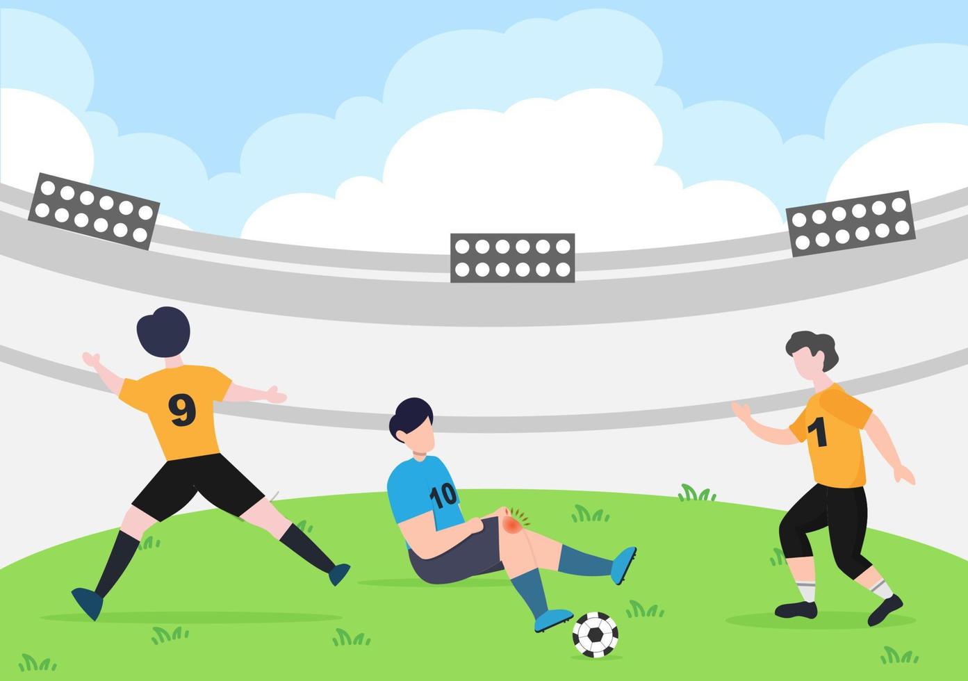 jugando al fútbol con uno de los jugadores lesionado en la pierna cuando jugaba en el campo y despedido por el oficial. ilustración vectorial vector