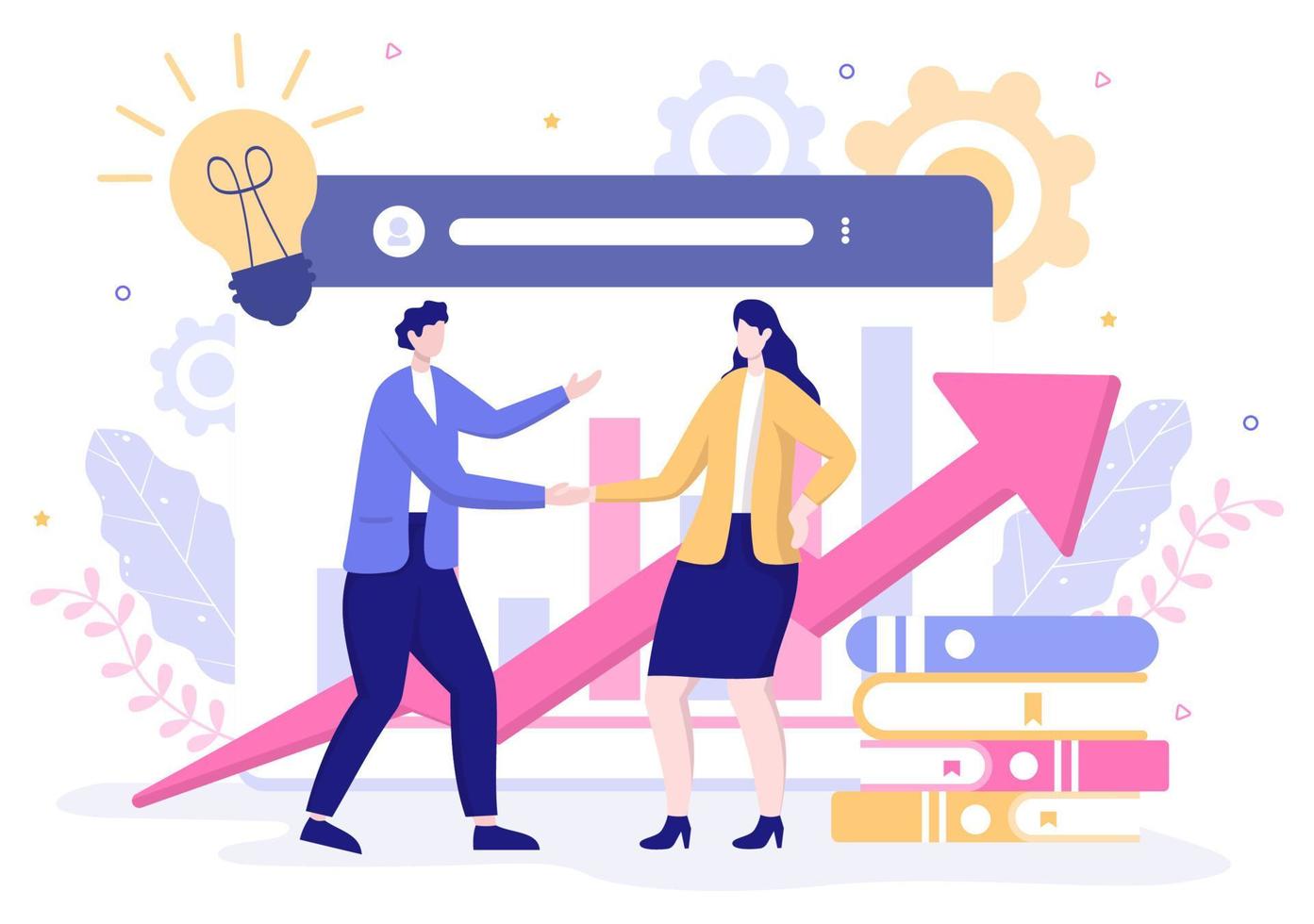 B2B or Business to Business Marketing Vector Illustration. Businessmen and Client Shaking Hands After Set Strategy, Sales and Commerce for Agreed Transaction