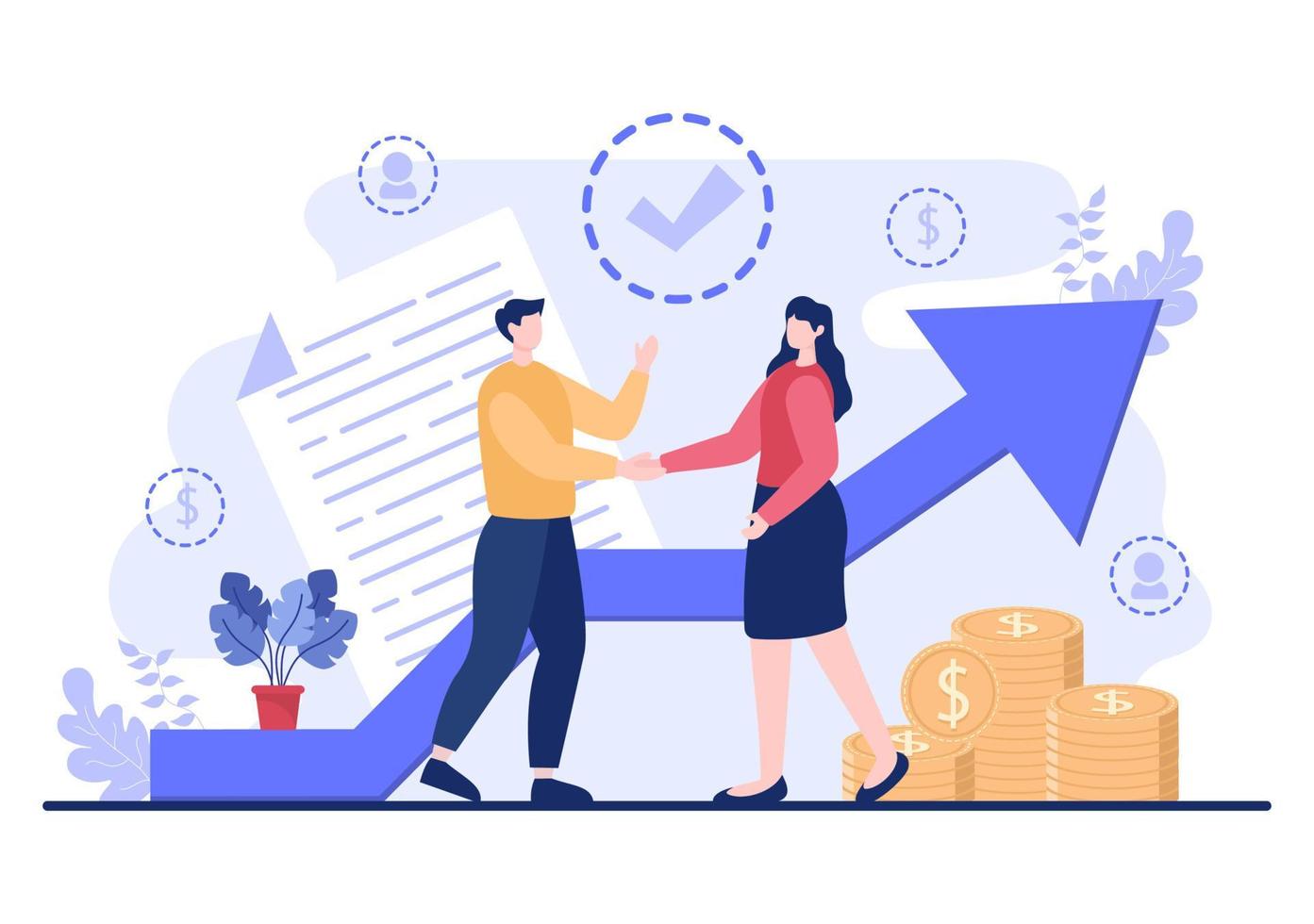 B2B or Business to Business Marketing Vector Illustration. Businessmen and Client Shaking Hands After Set Strategy, Sales and Commerce for Agreed Transaction