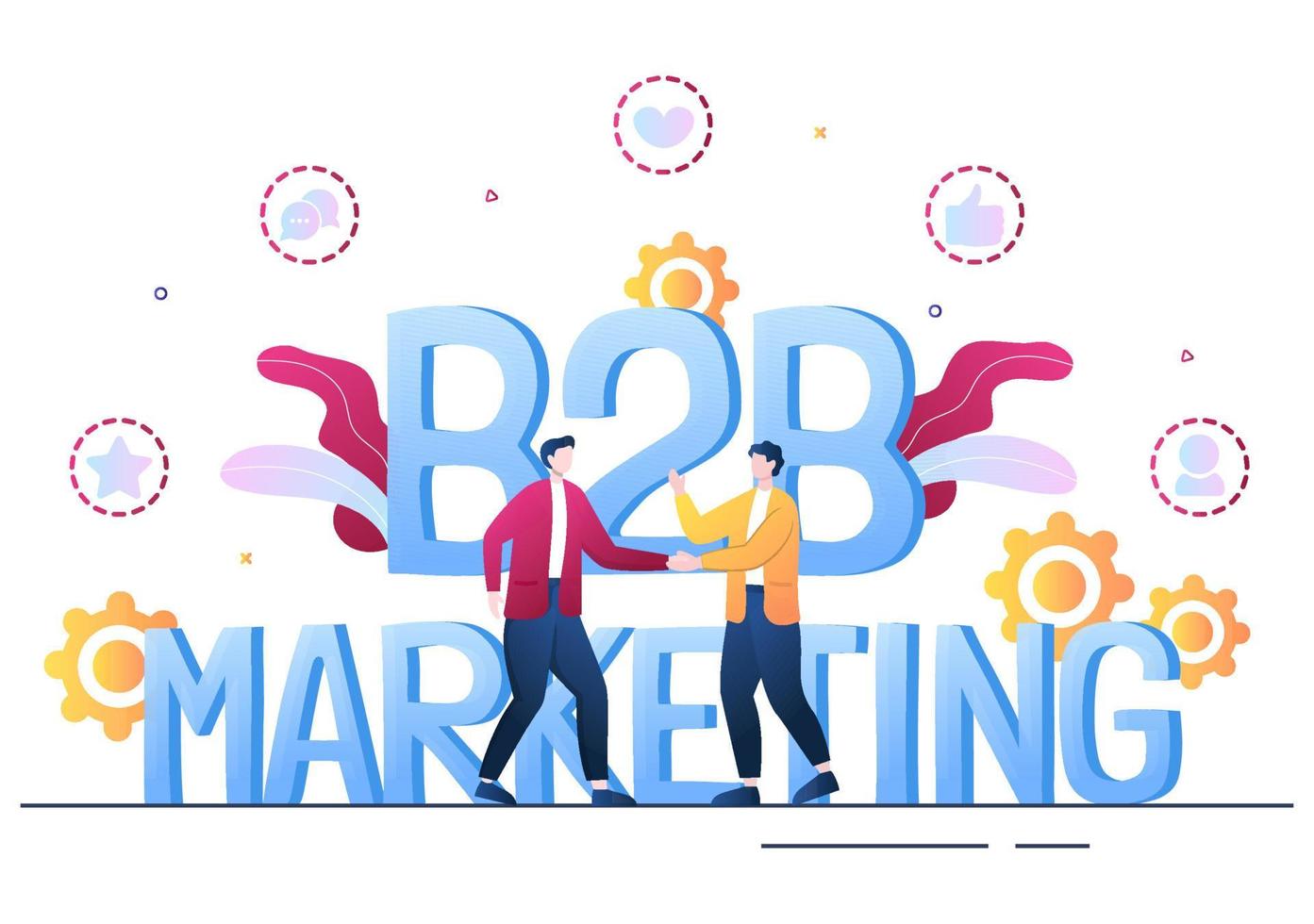 b2b o ilustración de vector de marketing de empresa a empresa. empresarios y clientes dándose la mano después de establecer la estrategia, las ventas y el comercio para la transacción acordada