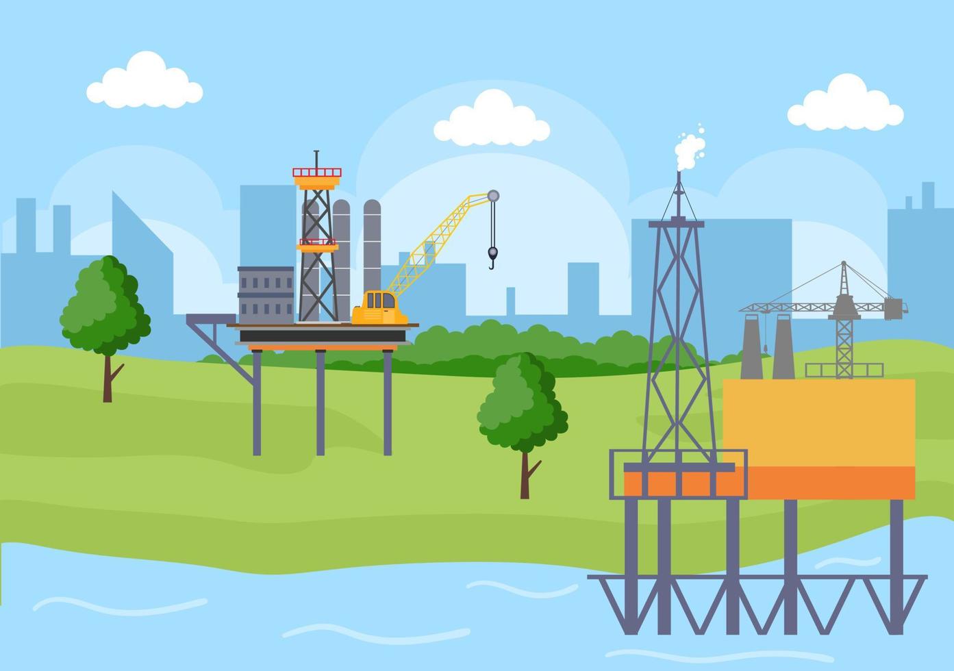 Ilustración de vector de industria de gas de petróleo. extracción de crudo, planta de refinería, perforación, estación de servicio, tubería de uso de tanque y entrega de combustible por transporte en camión