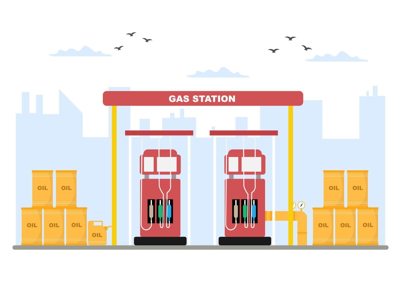 Ilustración de vector de industria de gas de petróleo. extracción de crudo, planta de refinería, perforación, estación de servicio, tubería de uso de tanque y entrega de combustible por transporte en camión