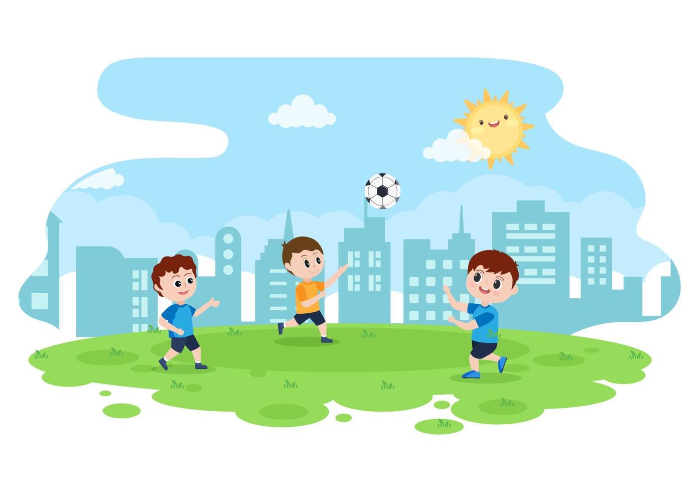 jugar al fútbol con los niños jugar al fútbol usar uniforme deportivo varios movimientos como patear, sostener, defender, parar y atacar en el campo. ilustración vectorial vector