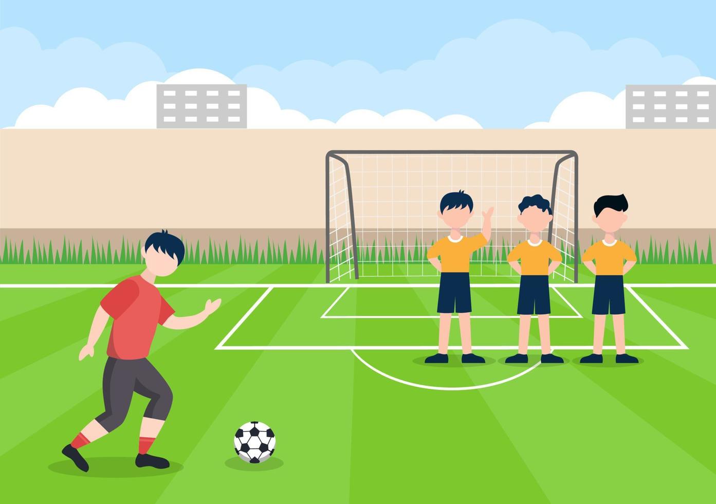 jugar al fútbol con los niños jugar al fútbol usar uniforme deportivo varios movimientos como patear, sostener, defender, parar y atacar en el campo. ilustración vectorial vector