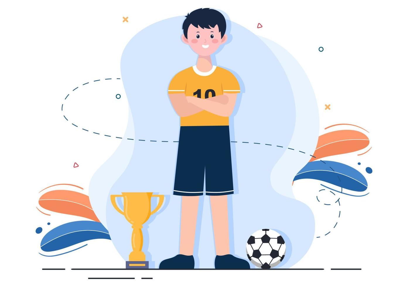 Play Football with Soccer Team Players Celebrate Their Victory in Matches and Get Gold Trophies. Vector Illustration