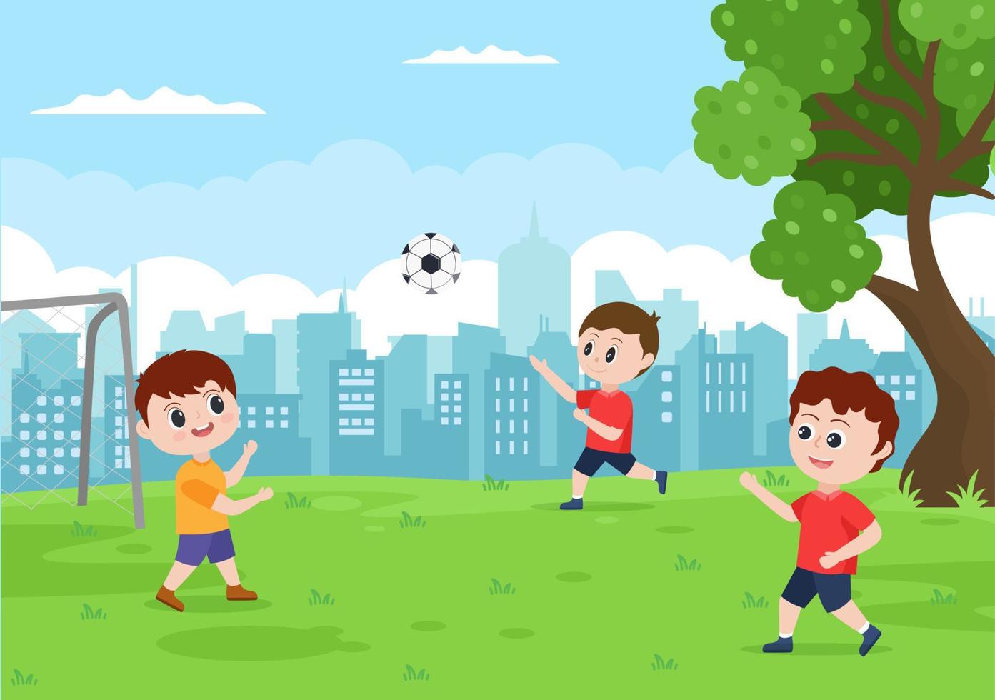 jugar al fútbol con los niños jugar al fútbol usar uniforme deportivo varios movimientos como patear, sostener, defender, parar y atacar en el campo. ilustración vectorial vector