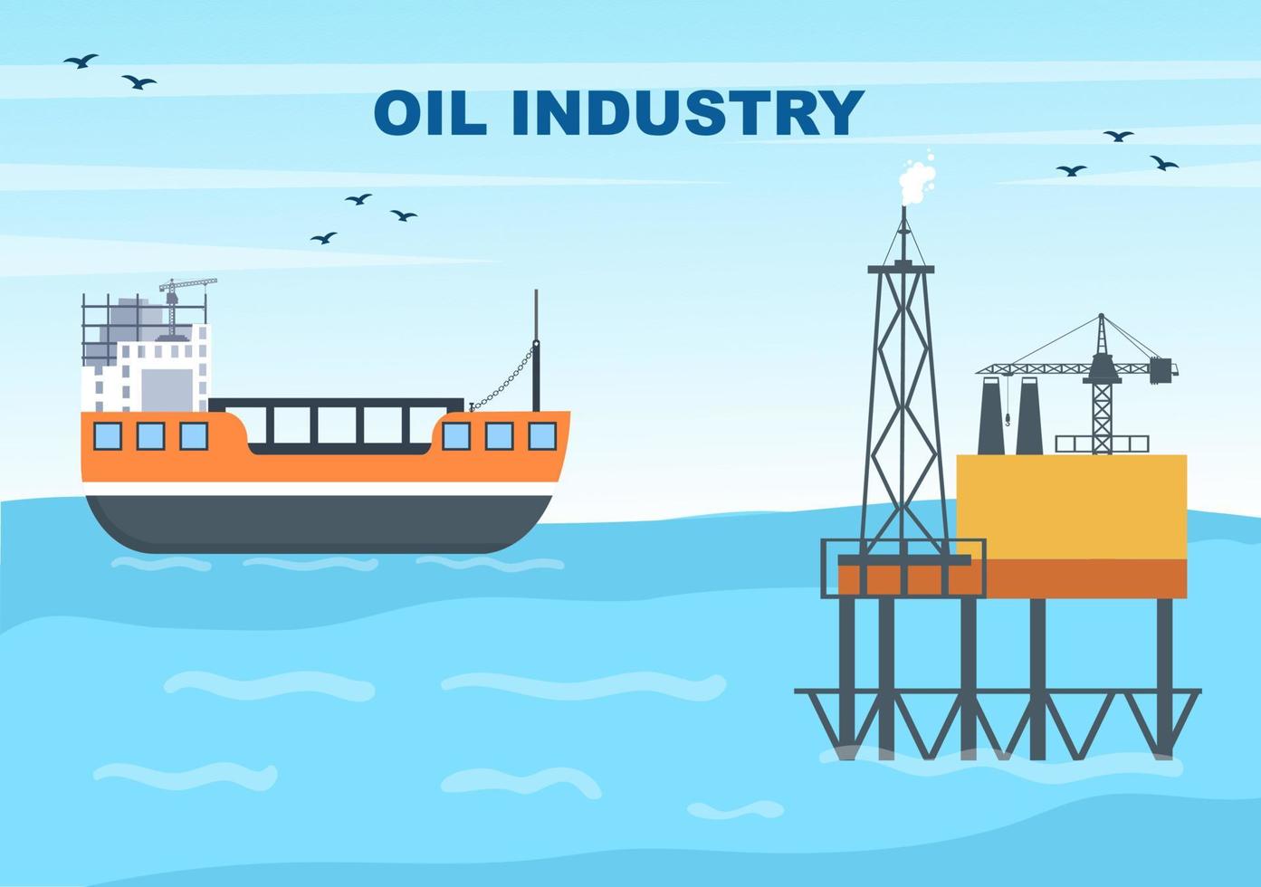 Oil Gas Industry Vector Illustration. Crude Extraction, Refinery Plant, Drilling, Gas Station, Tank use Pipe and Delivery of Fuel by Truck Transportation