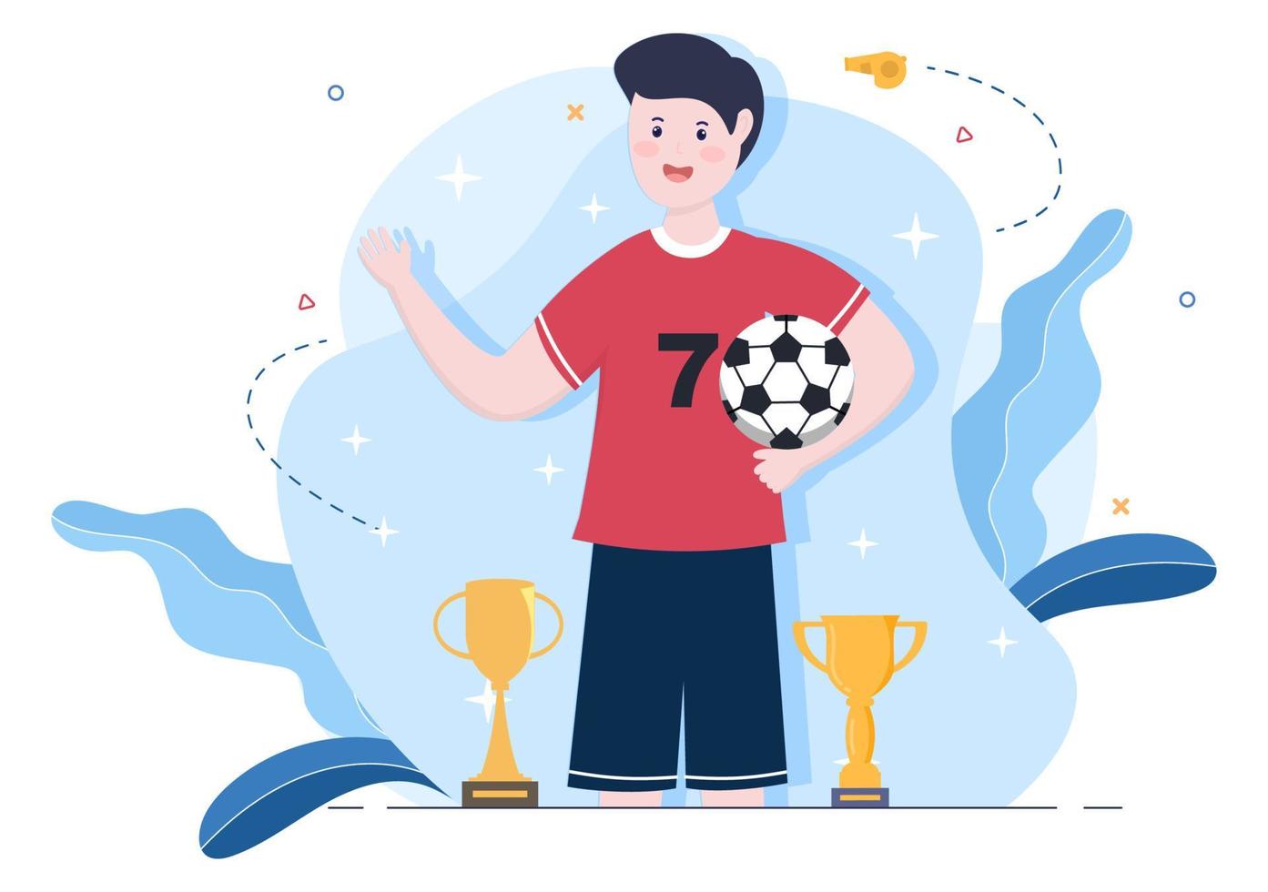 Play Football with Soccer Team Players Celebrate Their Victory in Matches and Get Gold Trophies. Vector Illustration