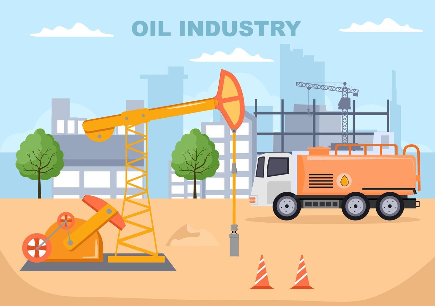 Oil Gas Industry Vector Illustration. Crude Extraction, Refinery Plant, Drilling, Gas Station, Tank use Pipe and Delivery of Fuel by Truck Transportation