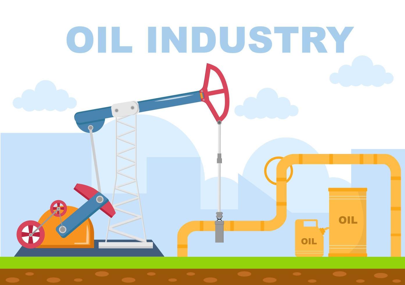 Ilustración de vector de industria de gas de petróleo. extracción de crudo, planta de refinería, perforación, estación de servicio, tubería de uso de tanque y entrega de combustible por transporte en camión