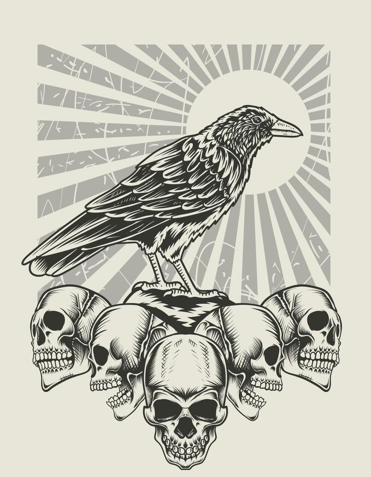 illustration crow bird with skull head monochrome style vector