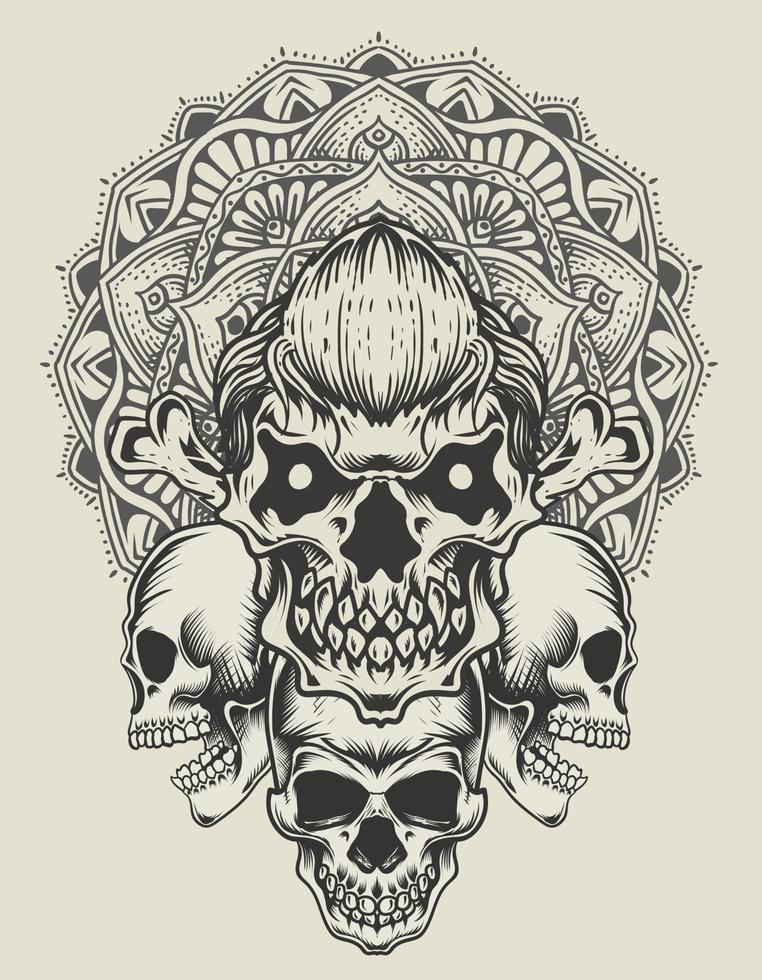 Illustration skull with vintage circle mandala vector