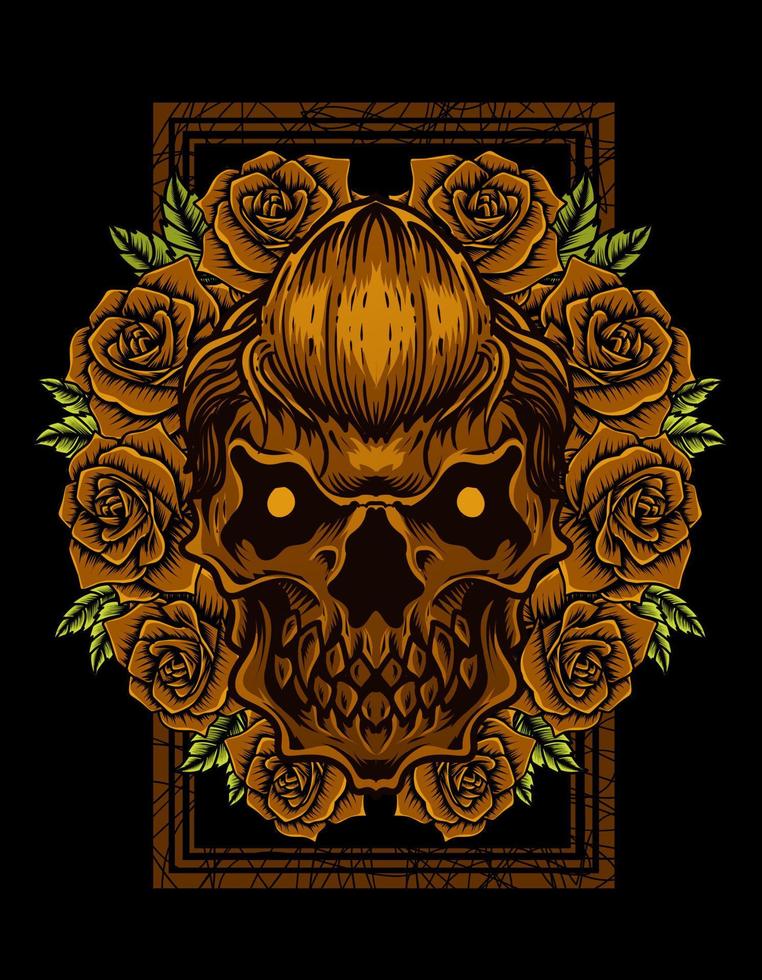 Ilustración de calavera con flor rosa vintage vector