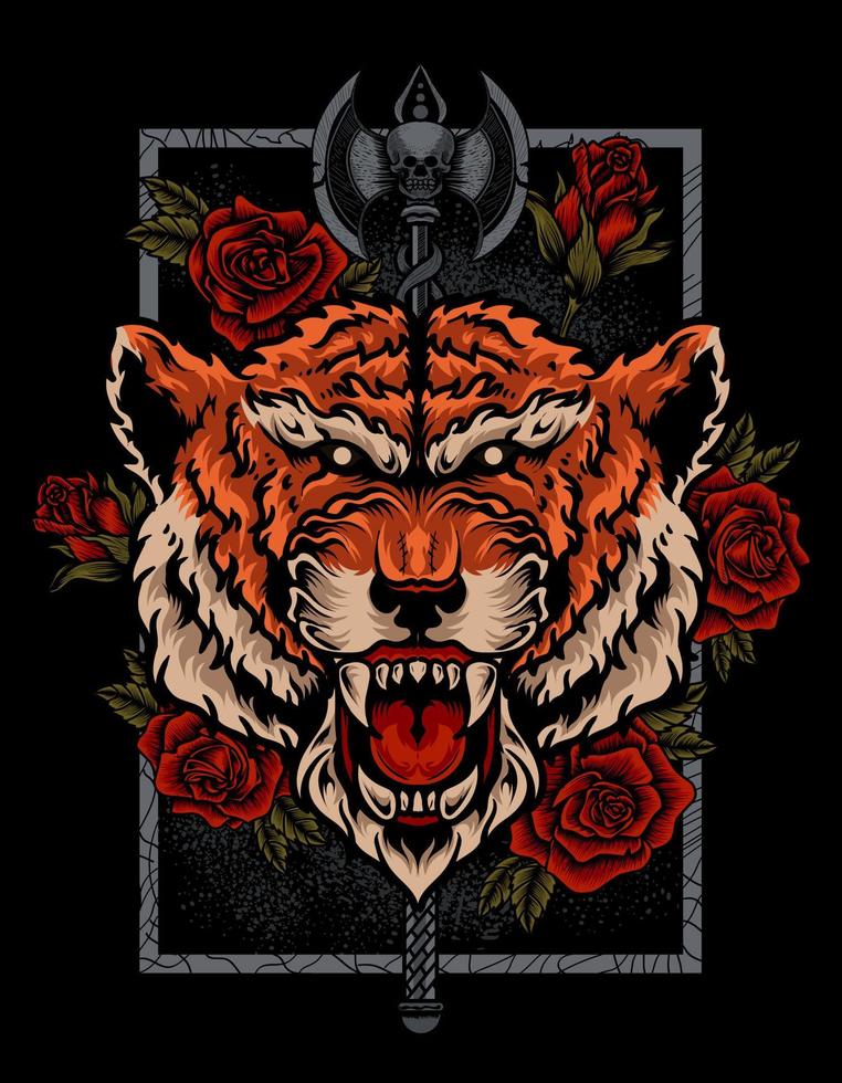 illustration tiger head with rose flowers vector