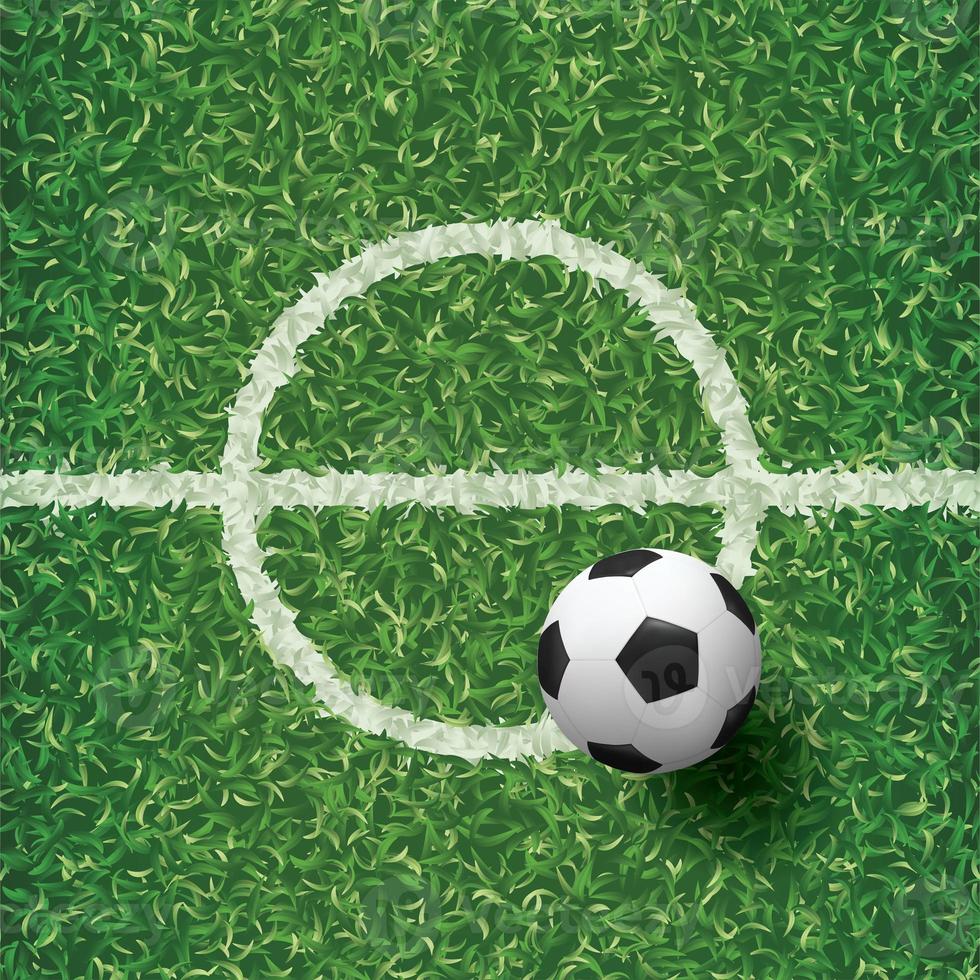 Balón de fútbol sobre césped verde del campo de fútbol con área de línea central. gráfico de ilustración. foto