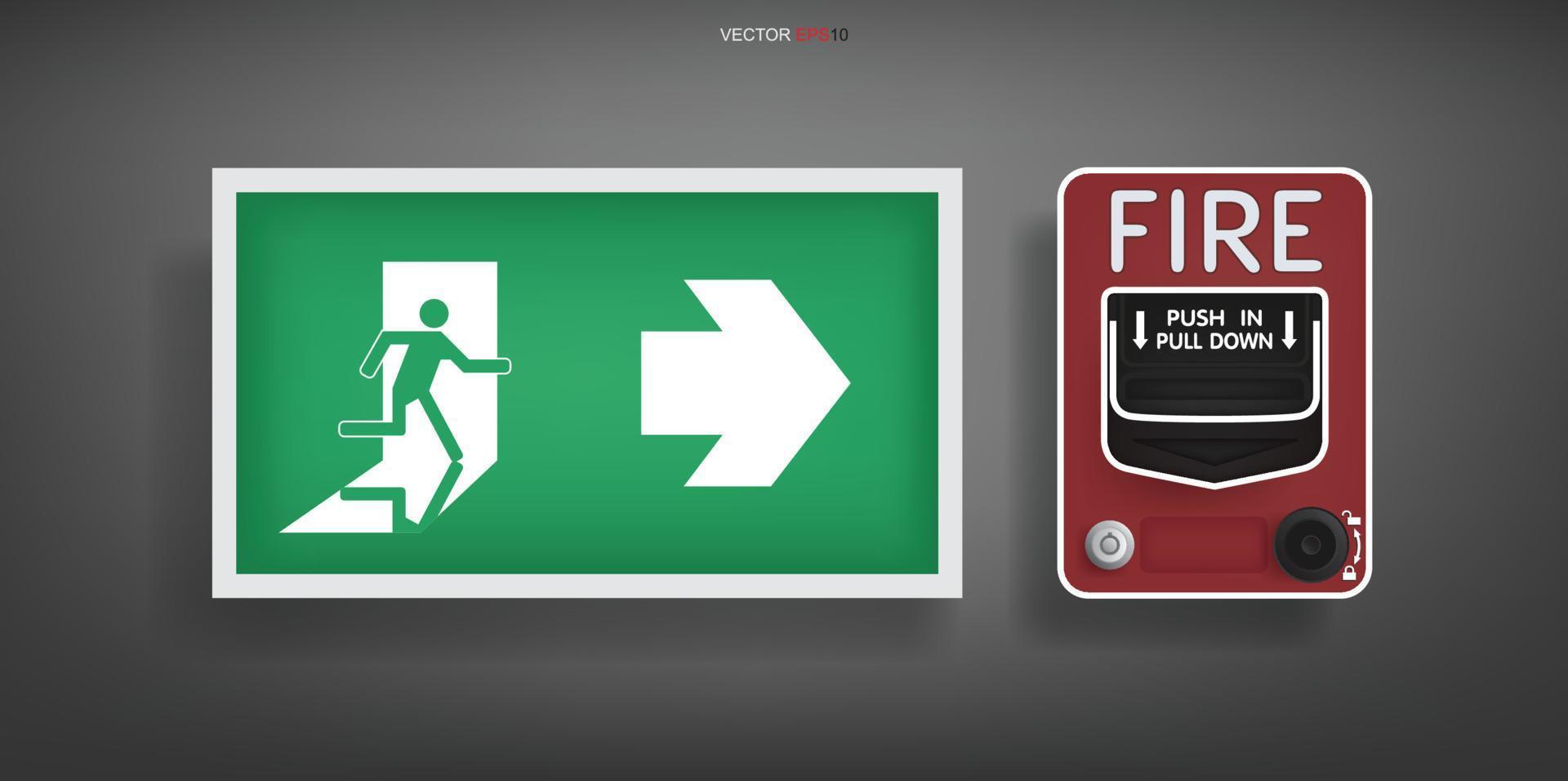 Emergency fire exit door symbol and red fire alarm switch on gray background. Vector. vector