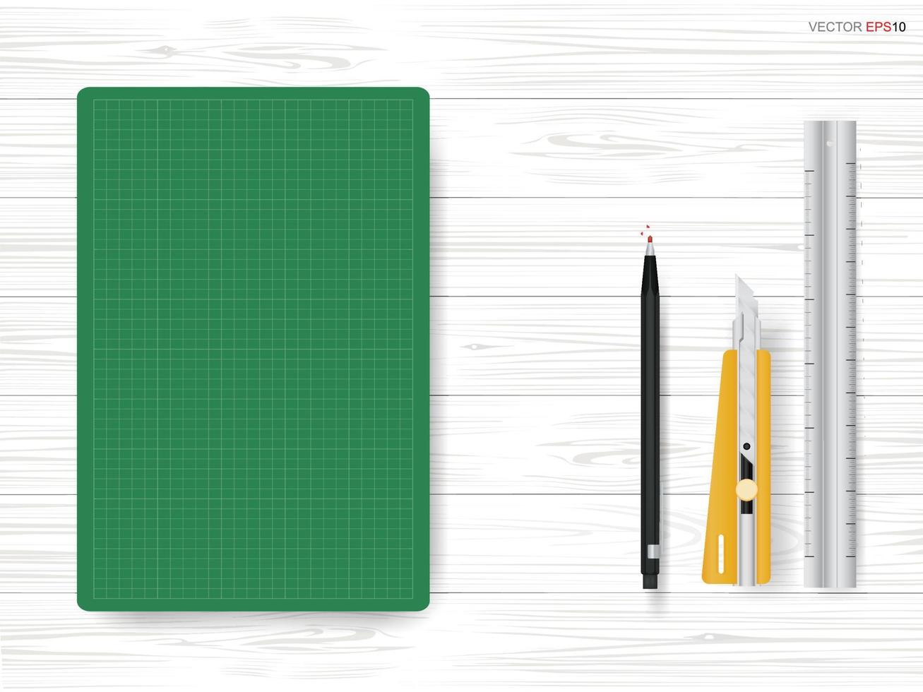 Green cutting mat with stationary object on white wood background. Vector. vector
