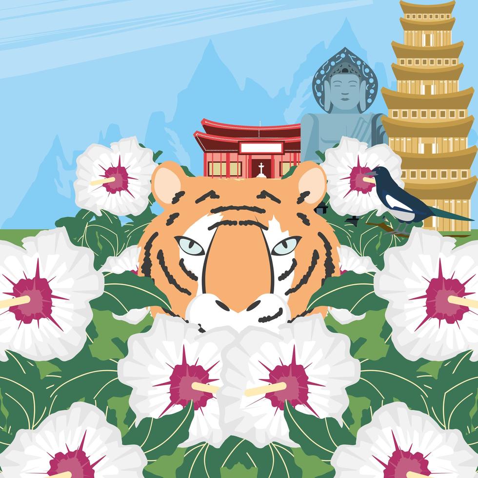 korean tiger and flowers vector