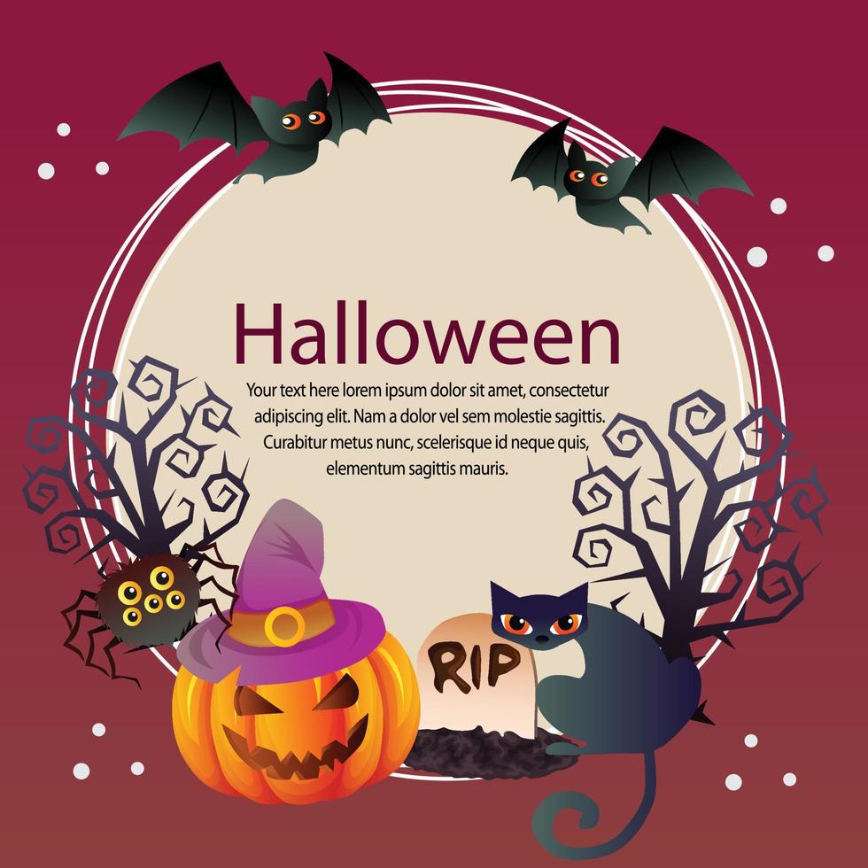 halloween card withpumpkin spider bat round text vector