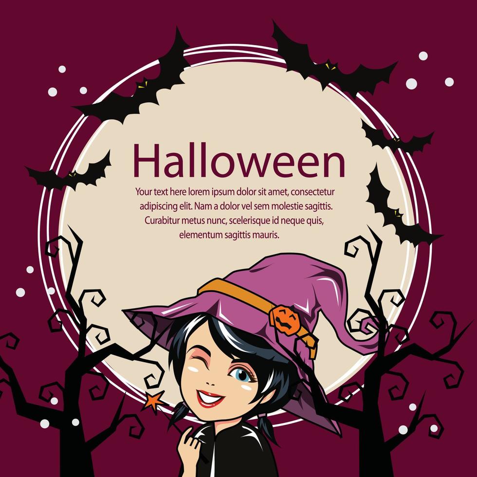 halloween card with witch cartoon round text vector