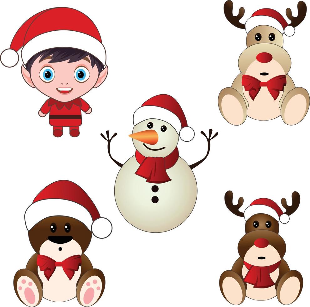 navidad, niño, muñeco de nieve, reno, oso, caracteres, conjunto vector